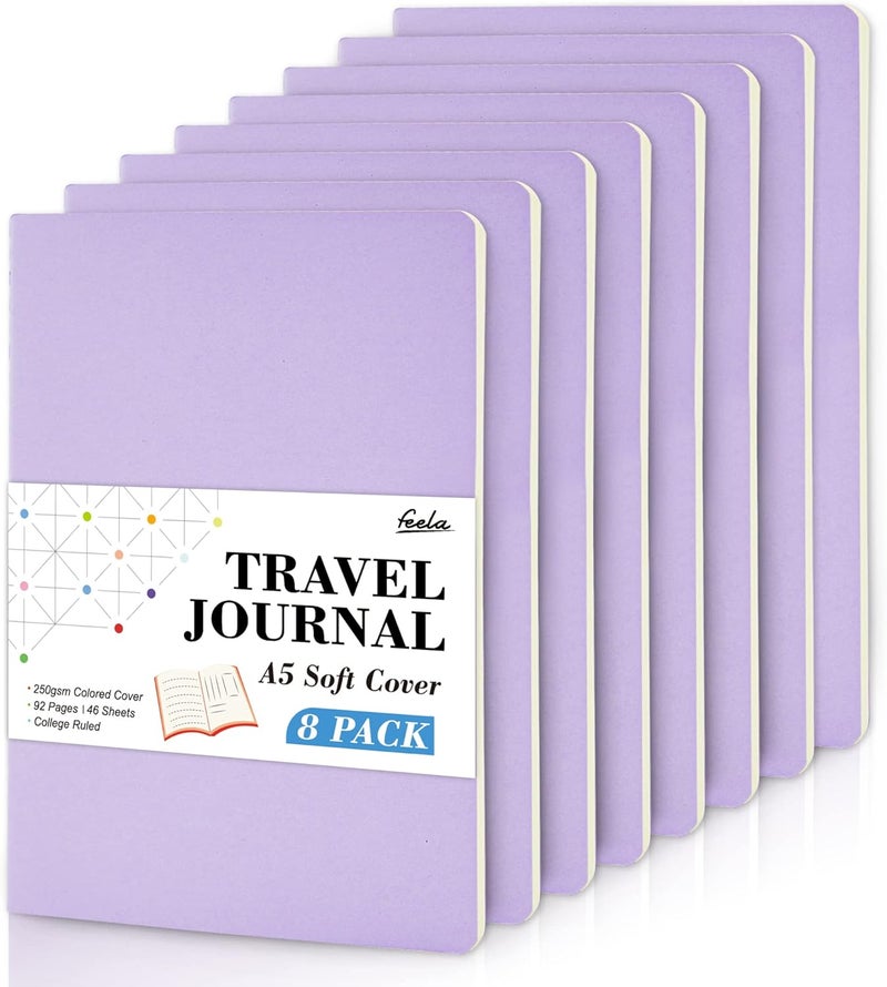 Feela 8 Pack Soft Cover Journal Bulk, Notebooks College Ruled for Work, Lined Travel Journal for Women Men, Note Taking Notebook School Supplies Business Writing, 8.2” x 5.5”, A5, Light Purple - Image 1